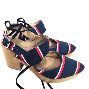Free People Monaco Clogs Blue Navy Stripe Wrap Chunky Platform Wooden Heels 7.5